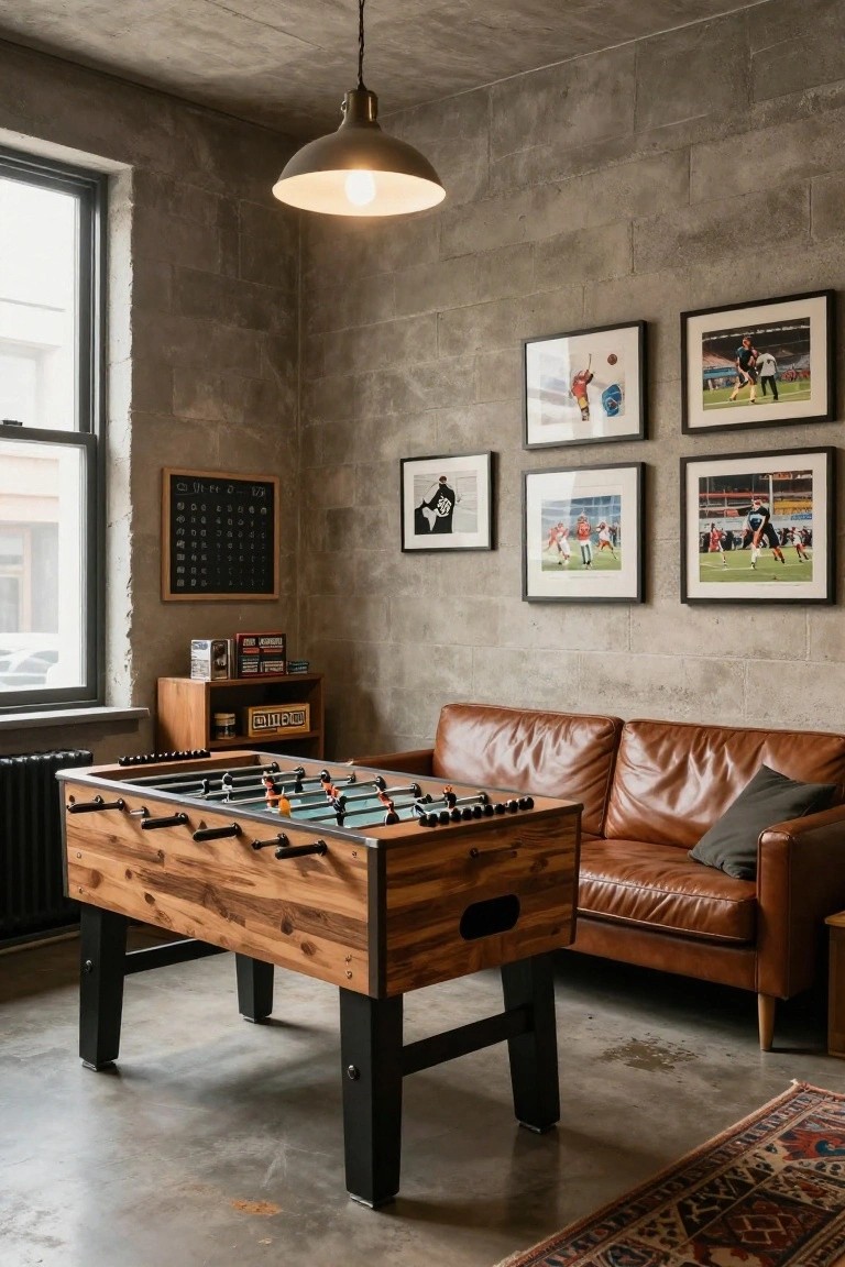 Industrial basement room with exposed concrete walls, wooden foosball table, tan leather L-shaped sofa, wooden bookshelf, blackboard calendar, and framed sports photographs.