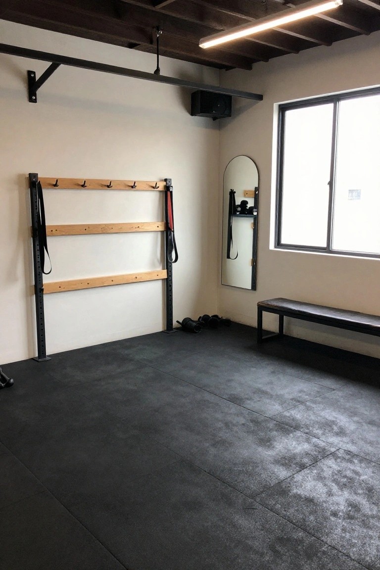 Modern home gym interior with black wall-mounted power rack, wooden shelves and hooks for gear, rubber flooring, dumbbells on floor, bench, round mirror, and window in corner room.