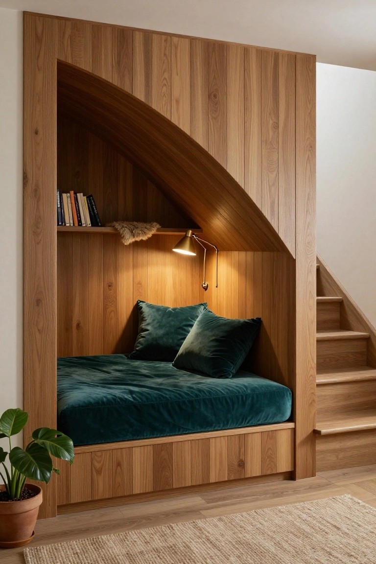 Recessed arched wooden alcove with oak paneling containing a green velvet daybed, books on shelves, a fur throw, a brass lamp, and a potted plant next to wooden stairs on a light wood floor.