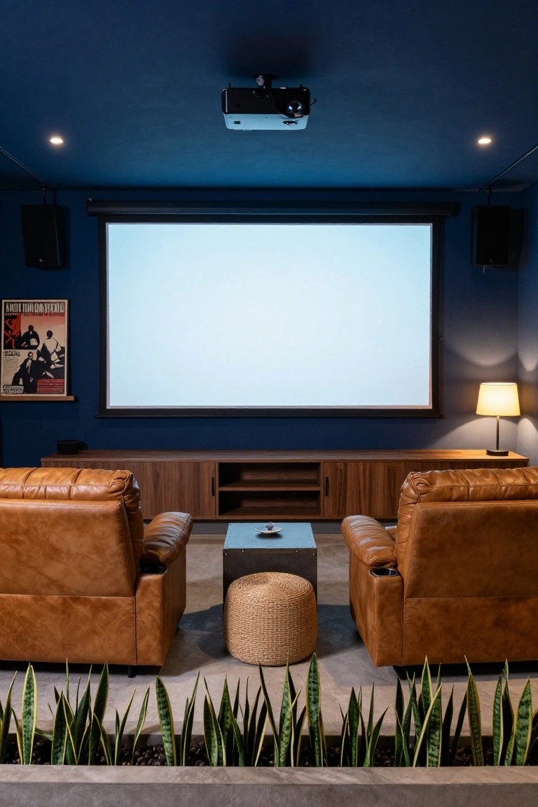 Modern basement home theater with navy blue walls, projector screen, two facing tan leather recliners, wooden media console below the screen, side speakers, and snake plants in foreground planters.
