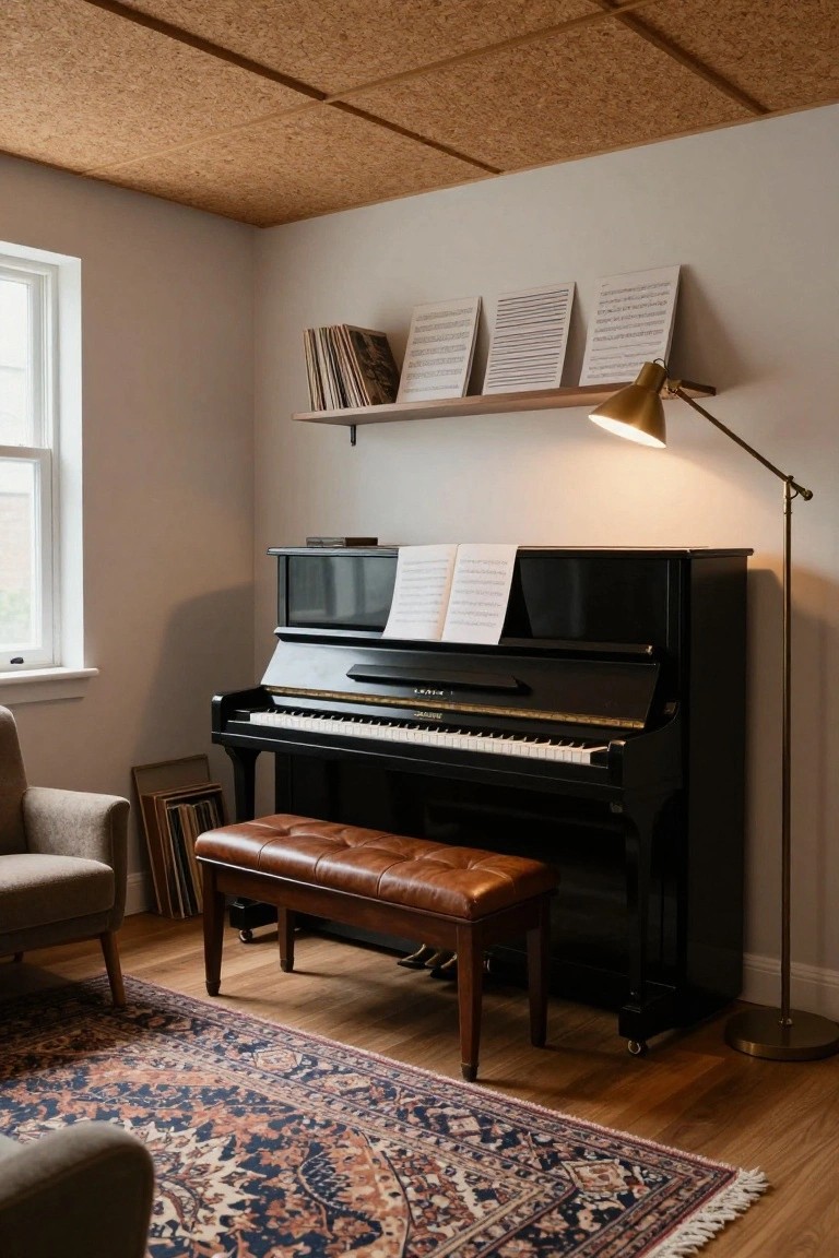 A cozy interior room corner with a black upright piano on a patterned rug, leather bench, nearby armchair, brass arc lamp, shelves holding sheet music and books, and cork ceiling tiles.