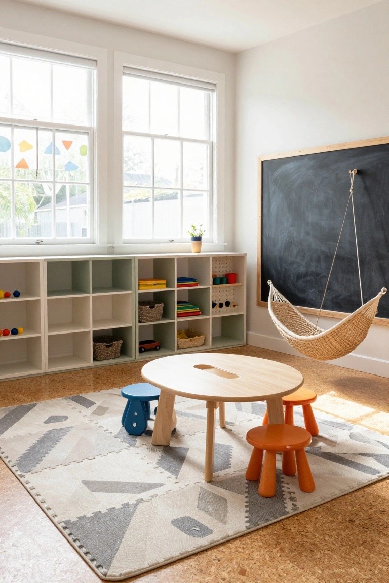 Bright indoor playroom featuring modular open shelving units in white, green, and beige stocked with toys, books, and baskets, a central round wooden table with blue and orange stools on a gray geometric rug, a hanging woven hammock, black chalkboard, and large windows.