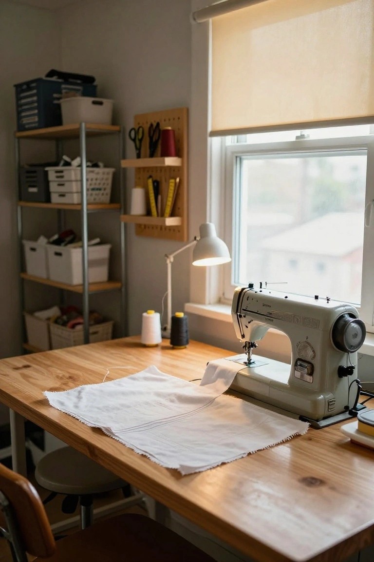 Home sewing room with white sewing machine on wooden desk, metal shelving units stocked with white bins and fabric, pegboard wall holding scissors and spools, desk lamp, and window with beige blinds.