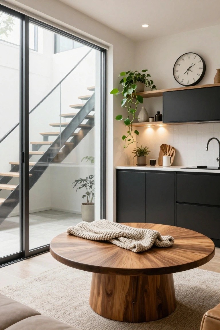 Modern basement interior with black kitchen cabinets, white tiled backsplash, potted plants, wooden utensils on the counter, and a round pedestal coffee table draped with a cream knit throw, viewed through glass doors to a metal staircase.