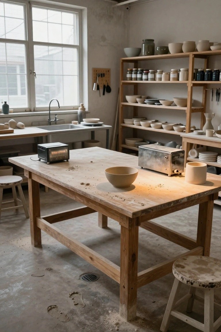 Pottery studio interior with large wooden workbench holding clay bowls, toasters, and mugs, flanked by open wooden shelves filled with jars, ceramics, and unpainted pots, a stainless sink nearby, and stools on a concrete floor.