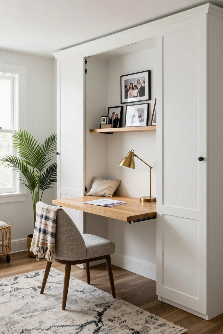 White bi-fold cabinet unit with open doors showing a pull-out wooden desk, gold desk lamp, floating wood shelf with family photos, gray upholstered chair with plaid throw, potted palm plant, and woven basket in a light room with hardwood floor and area rug.