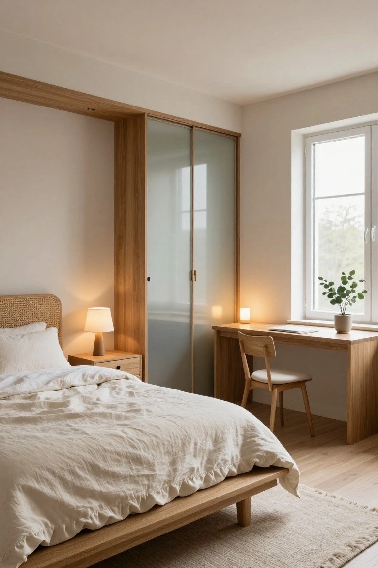 Modern bedroom featuring a low oak platform bed with white linens, bedside table with lamp, wooden desk with chair by a window with potted plant, and tall oak wardrobe with frosted glass doors.