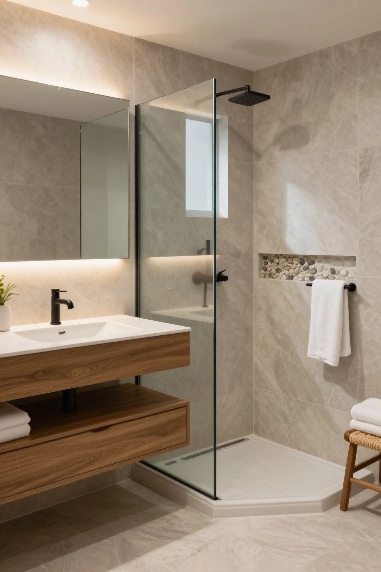 Modern bathroom with floating wooden vanity under a white sink and black faucet, glass shower enclosure with black showerhead and pebble niche, neutral gray tiles, white towels, and a potted plant.