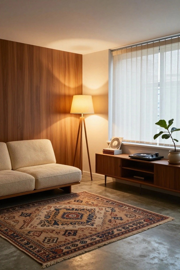 Modern interior corner with light wood vertical panel wall, beige low-profile sofa, tripod floor lamp, wood credenza holding vinyl records and turntable, large patterned rug on polished concrete floor, potted plant, and window with sheer blinds.