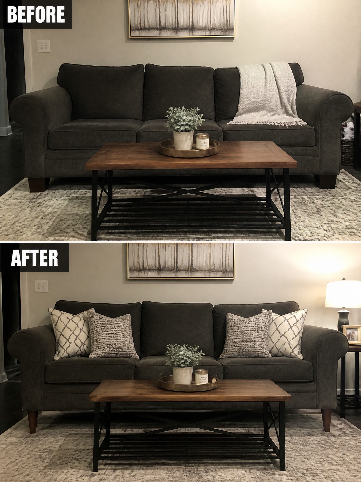 Living room transformation: dark gray sofa with patterned throw pillows and wood coffee table.