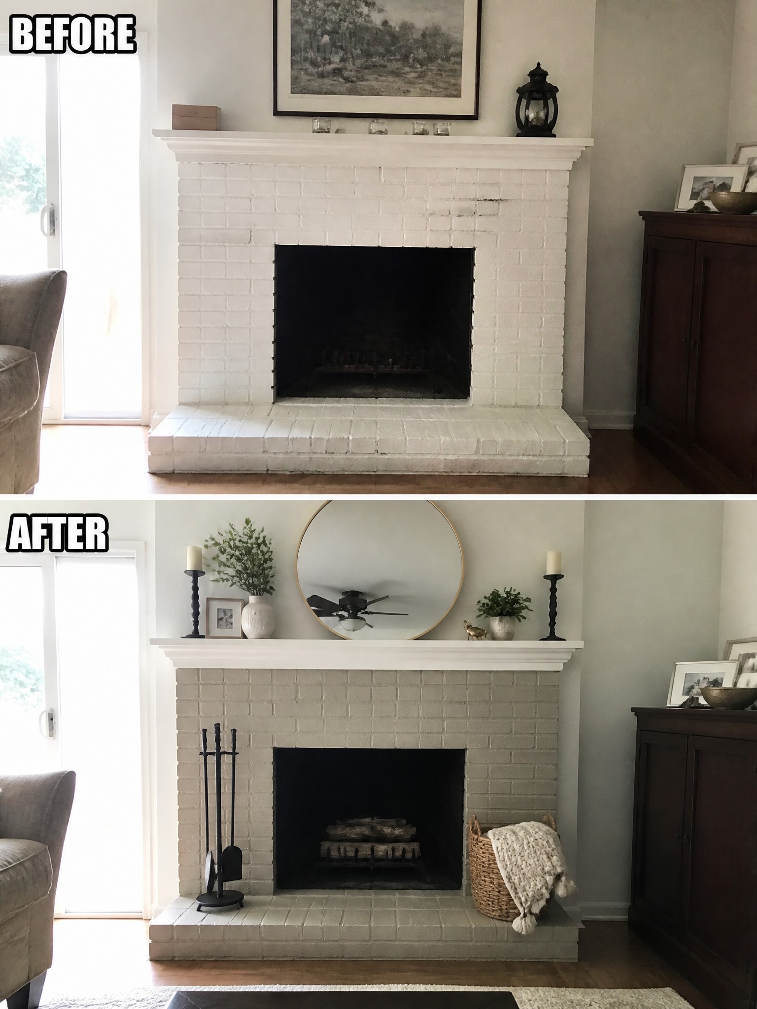 Fireplace makeover; before is white, after is gray, with decor changes and a mirror.