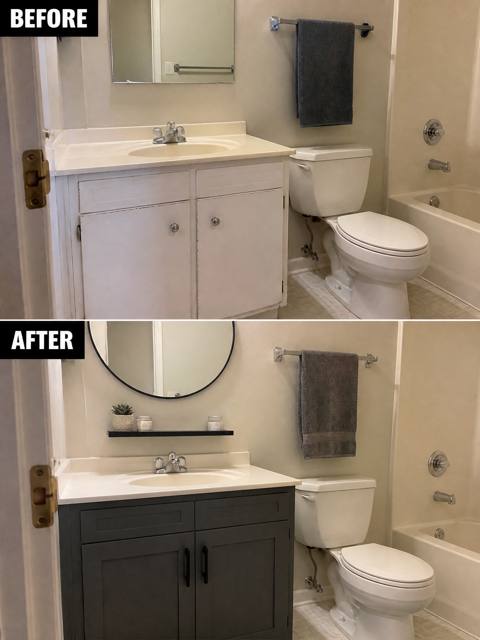 Bathroom transformation showcasing a modern dark cabinet and circular mirror.
