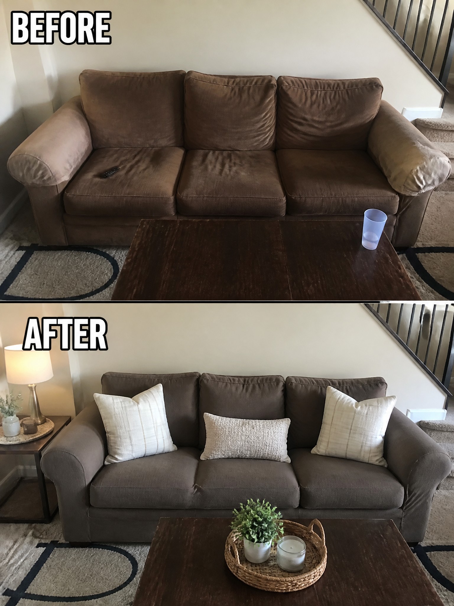 Couch transformation with new cushions and decor, from worn to refreshed and inviting.