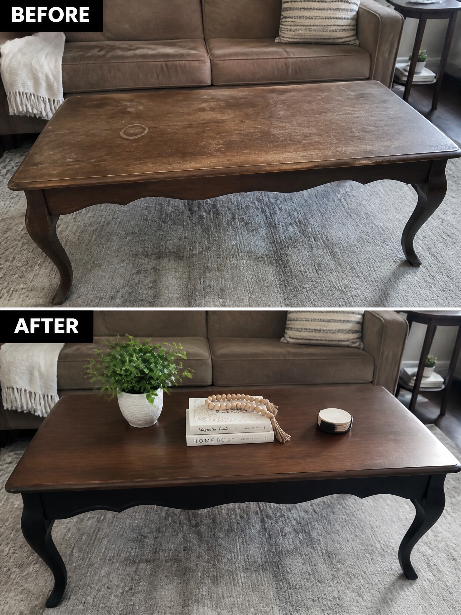 Coffee table transformation showing before and after refinishing; brown wood to sleek black legs.
