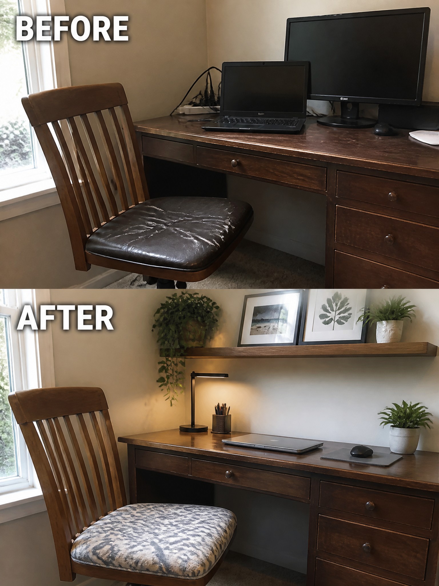 A wooden desk with a two-piece chair, laptop, monitor, plants, and decor items.
