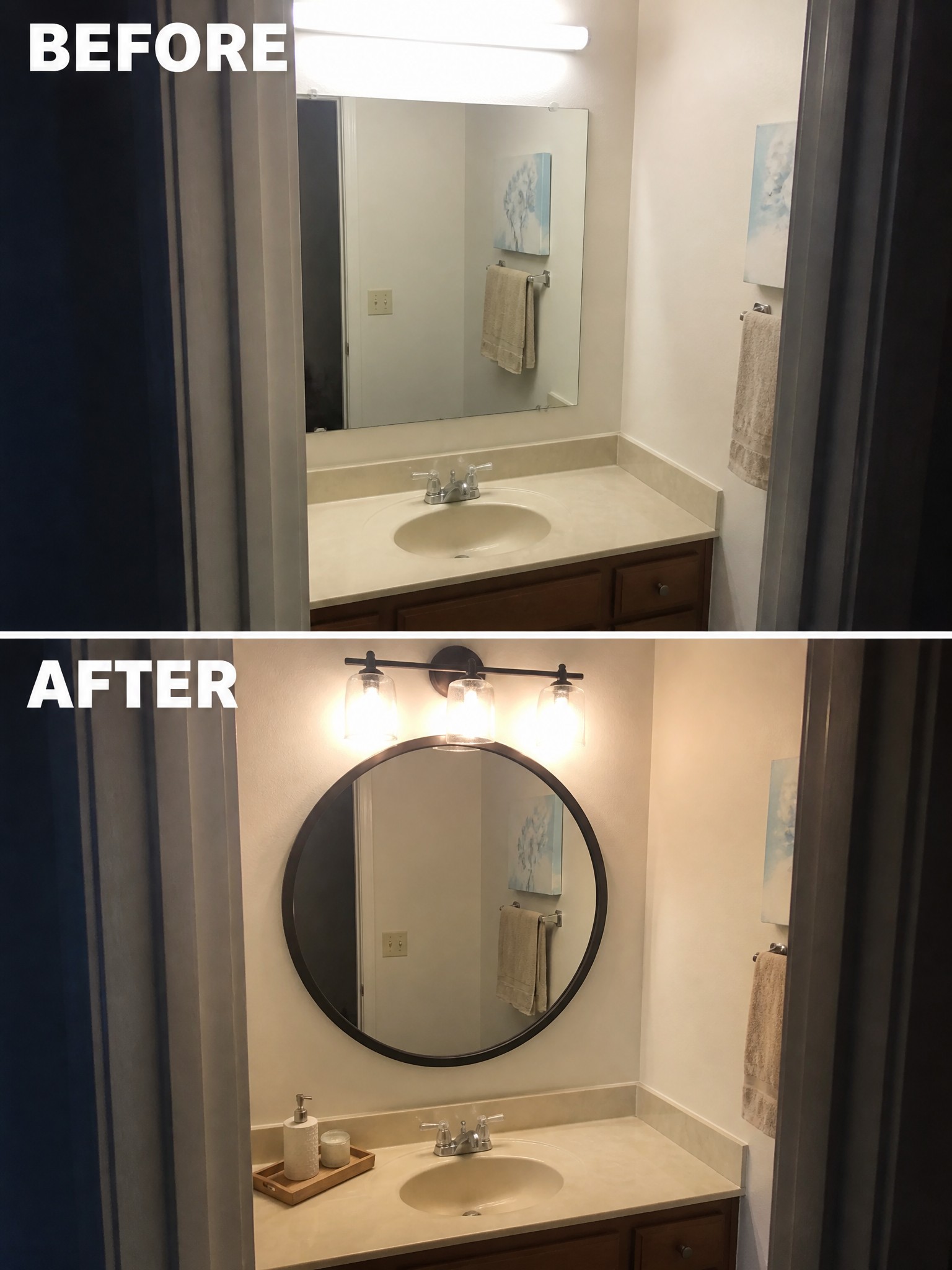 Before-and-after image of a bathroom vanity with a rectangular mirror and basic light changed to a round framed mirror and a three-light vanity fixture.