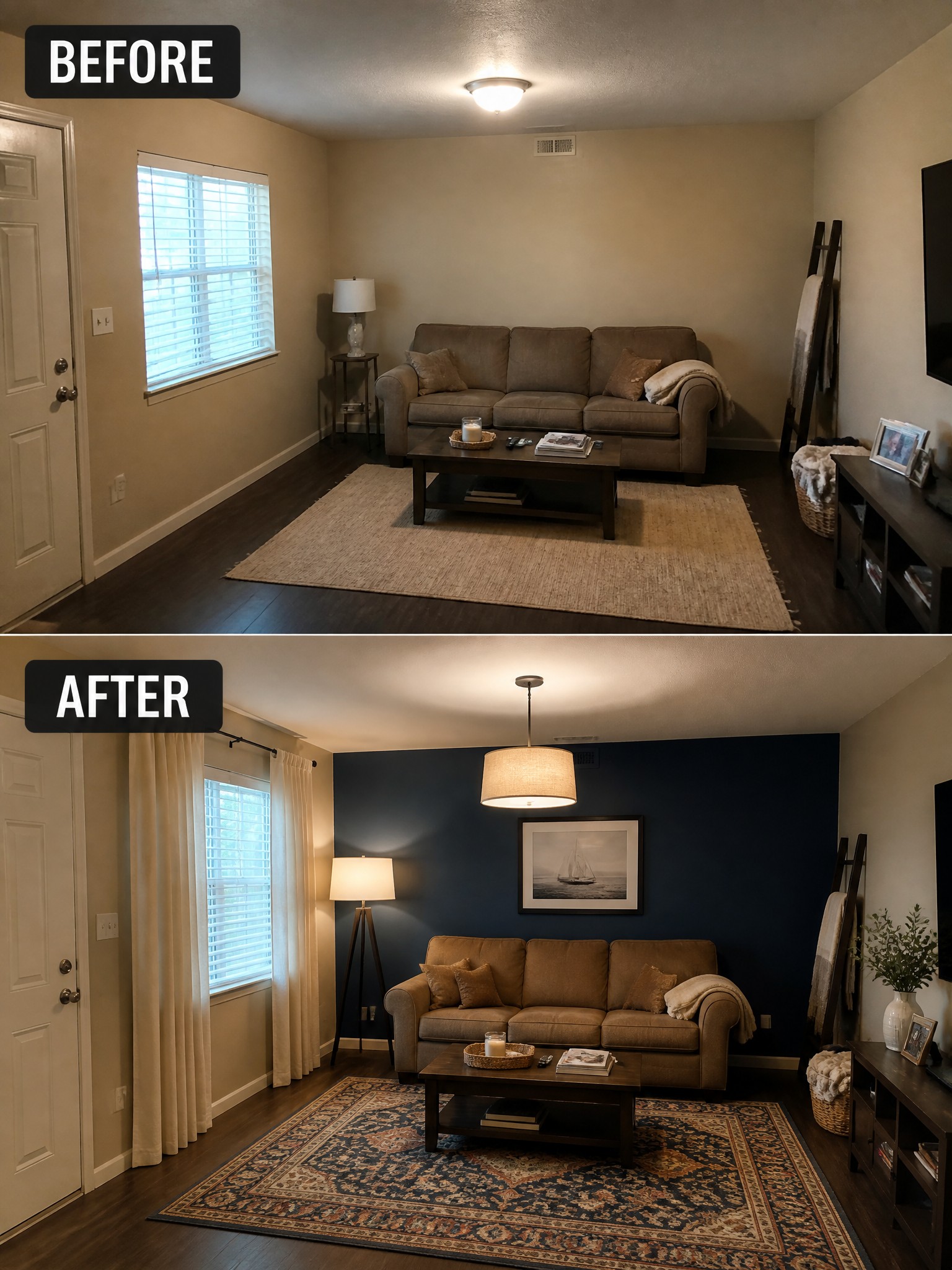 Living room transformation showcasing a cozy couch, dark blue wall, and elegant decor.