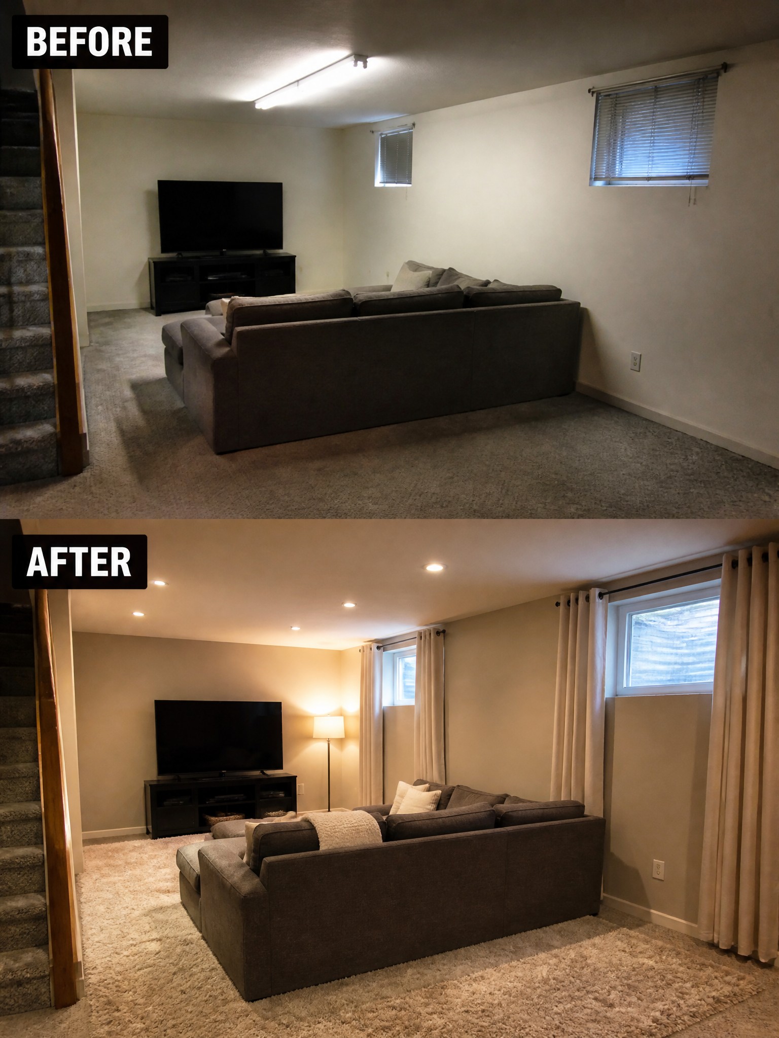 Before-and-after comparison of a basement transformation: grey couch, TV, curtains, and lighting changes.