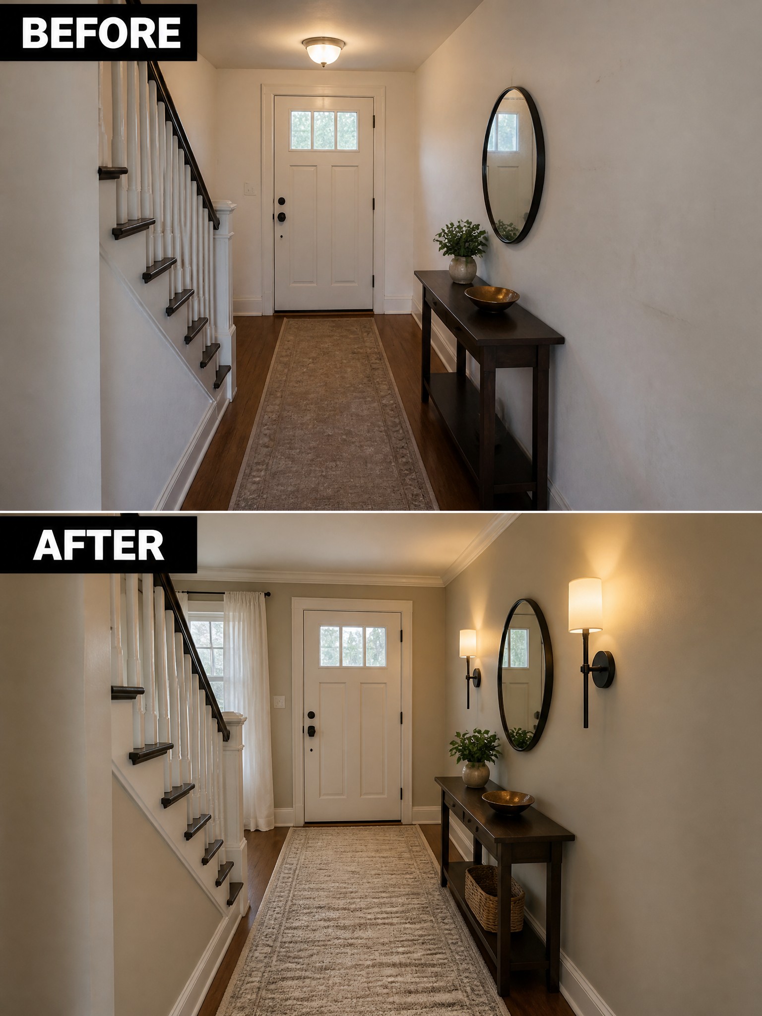 Before-and-after image of a home entry hallway updated with wall sconces, a lighter rug, and curtains.