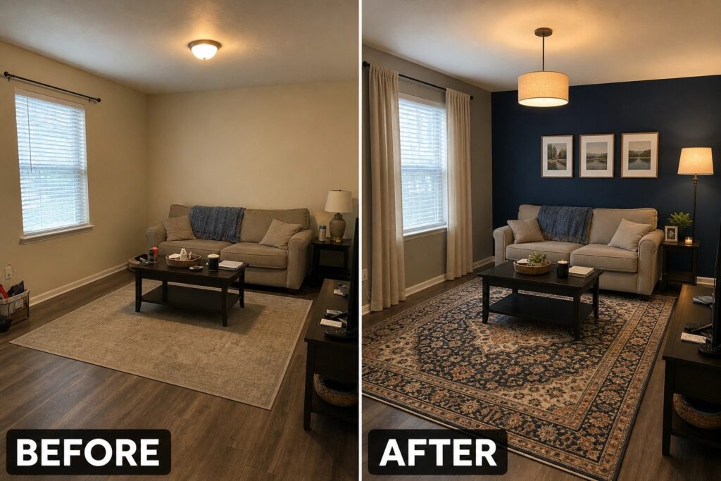Living room transformation showcasing a cozy couch, dark blue wall, and elegant decor.