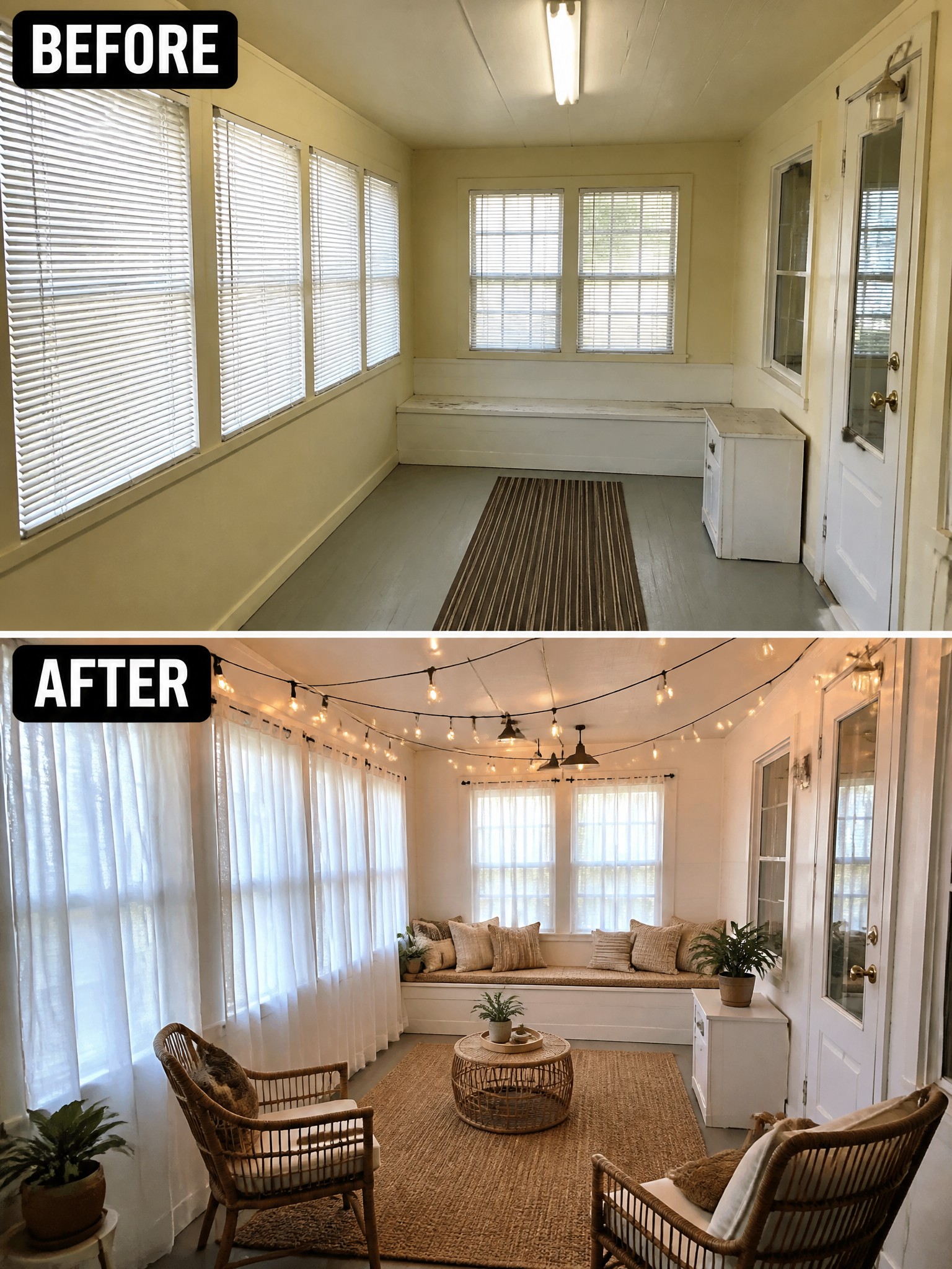 Transformed sunroom featuring cozy seating, string lights, and natural decor elements.