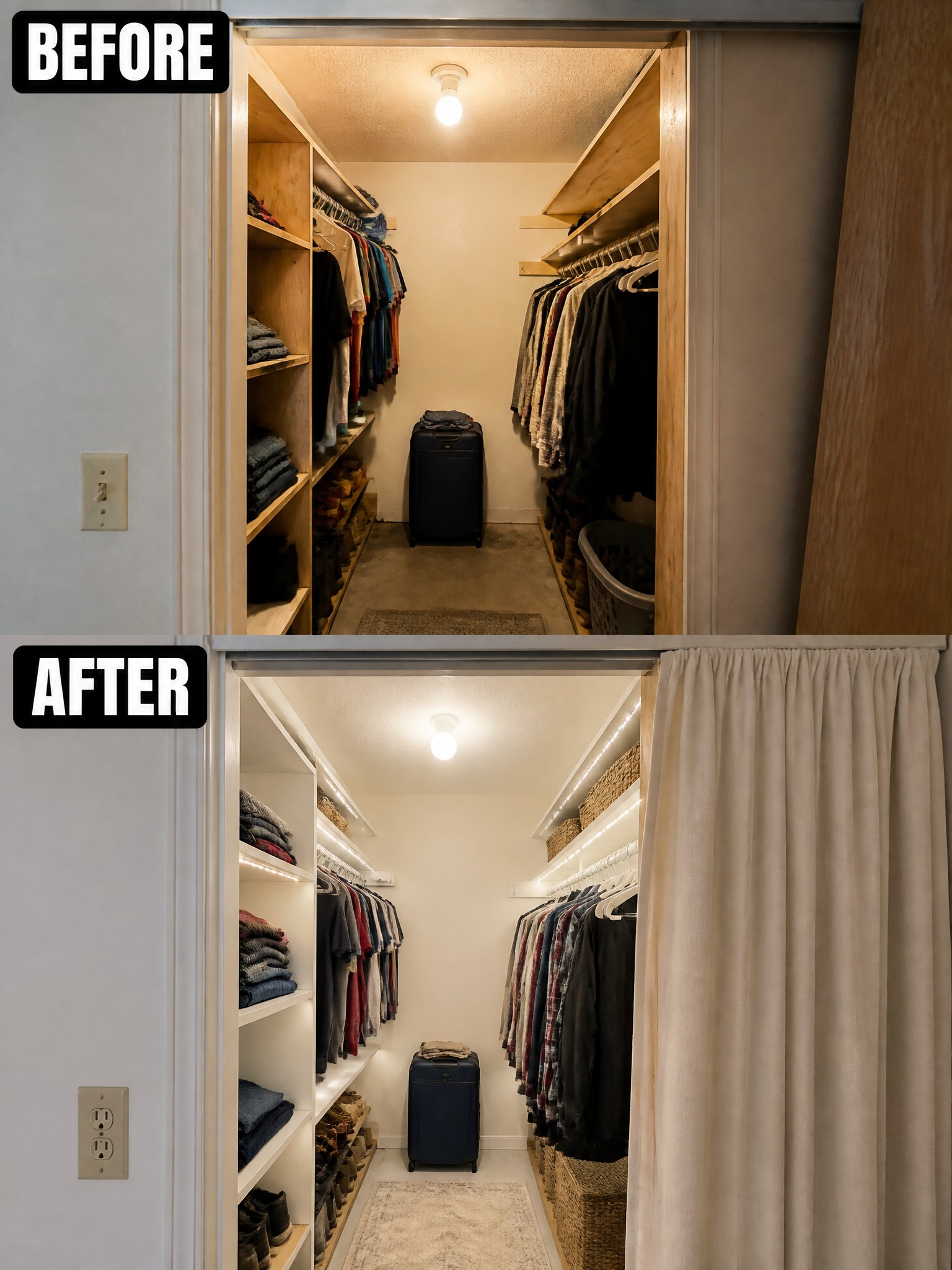 Transformed closet with organized shelves, hanging clothes, and storage baskets, featuring bright lighting.