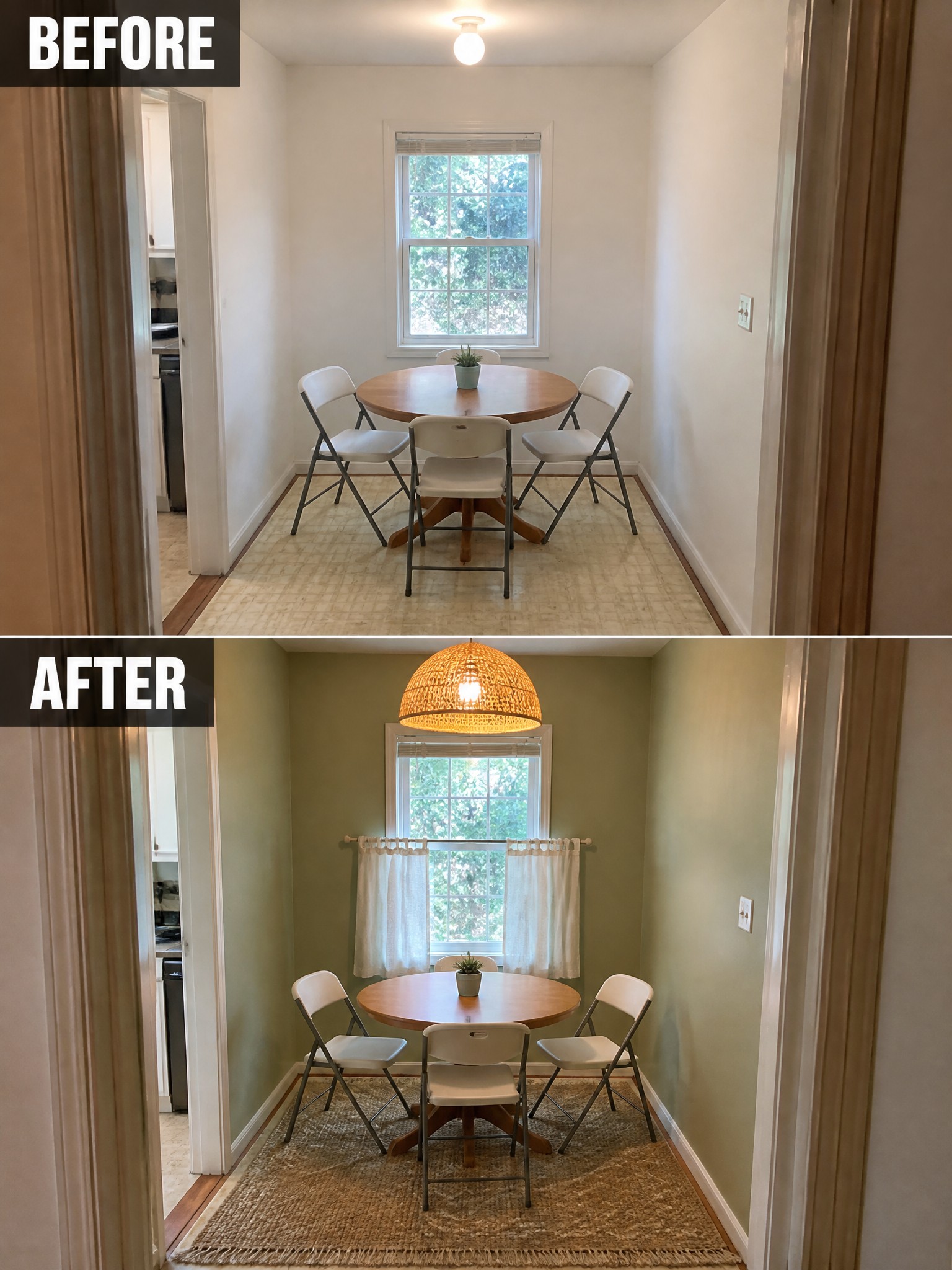Dining area transformation: light beige walls, round wooden table, white chairs, and woven rug.