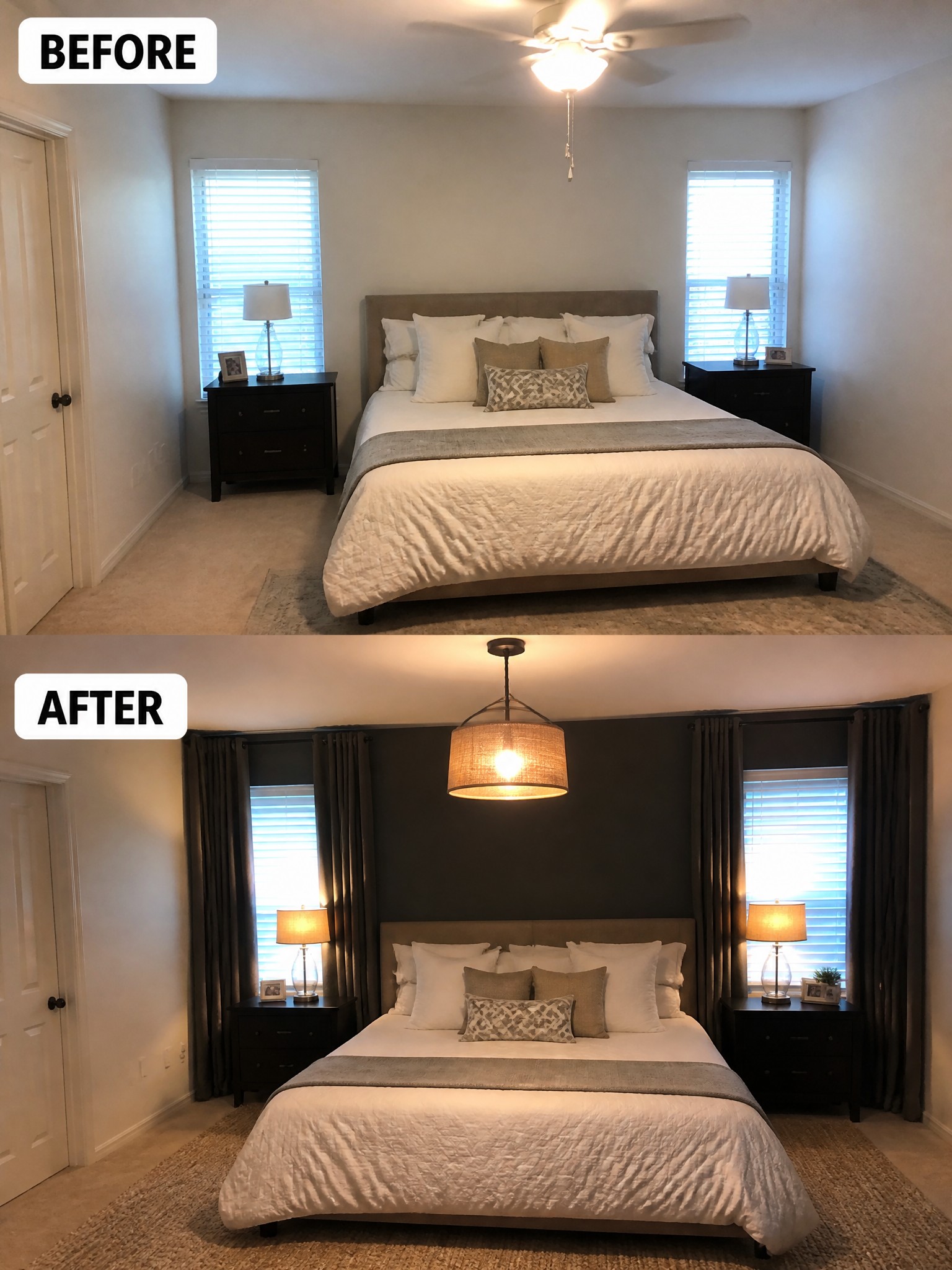 Before-and-after image of a bedroom updated with curtains, a dark accent wall, and a new pendant light.