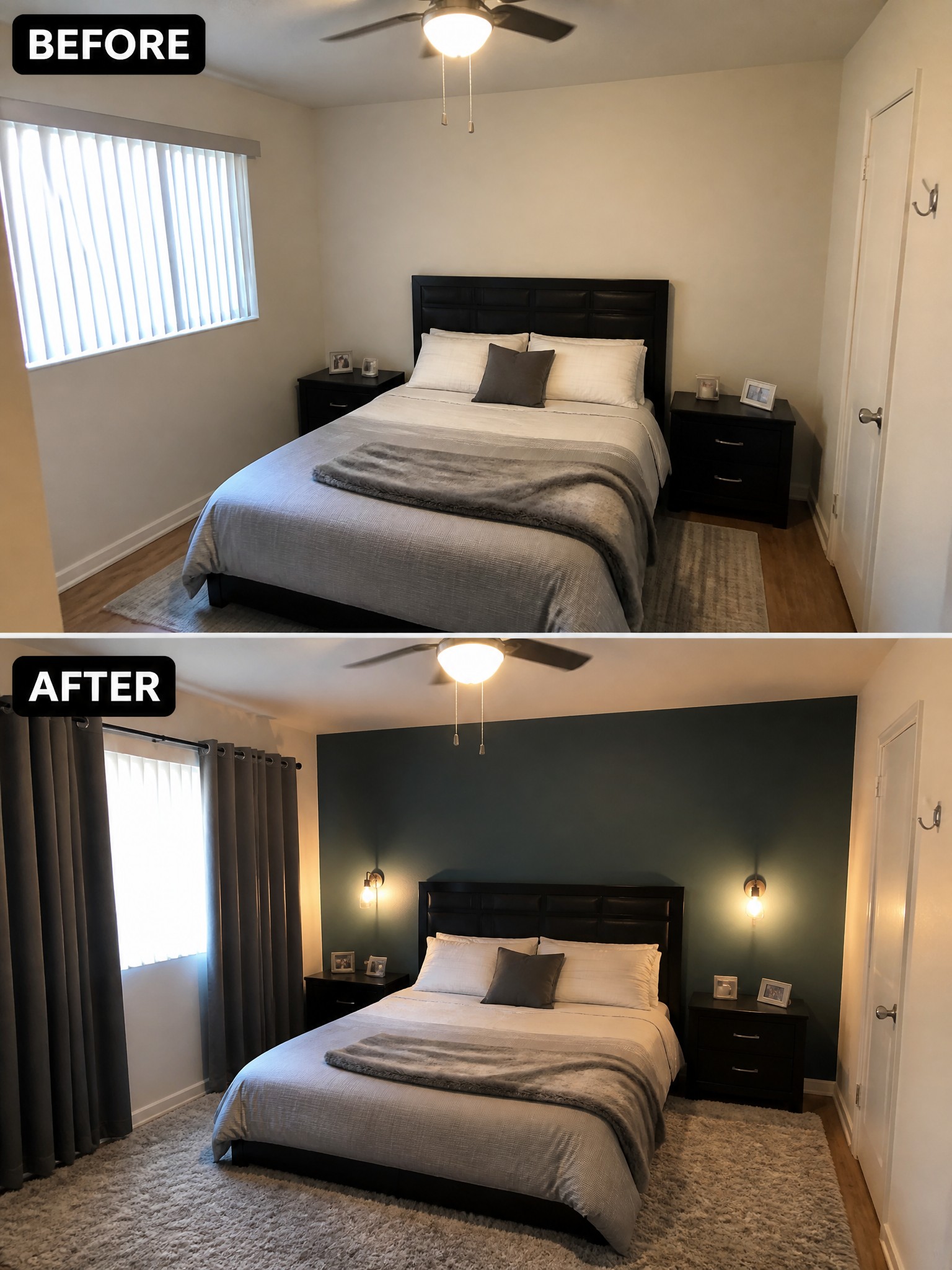 Before and after of a bedroom, featuring a transformed dark green accent wall and curtains.