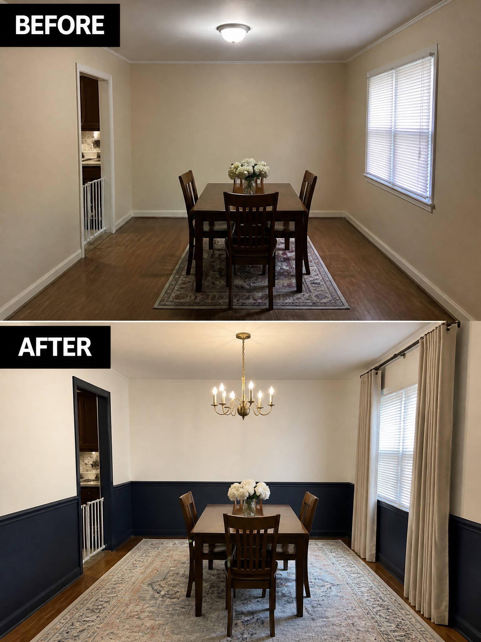 Dining room transformation showcasing beige walls, dark blue wainscoting, and a chandelier.