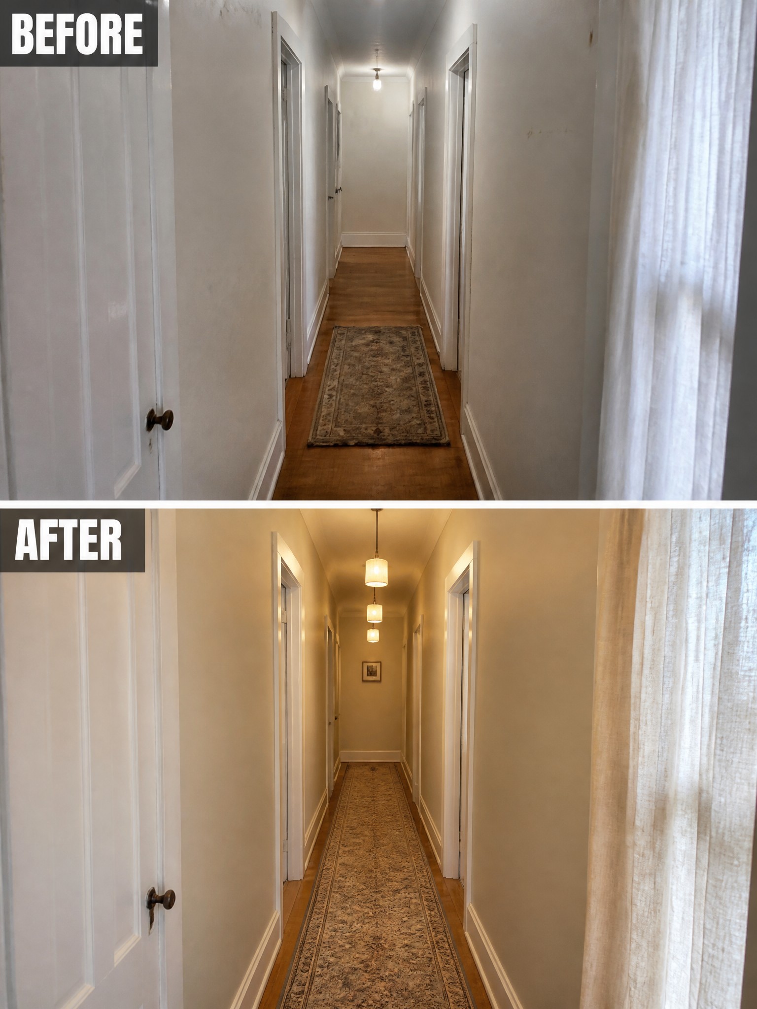 Before-and-after image of a long narrow hallway updated with warmer wall color, a full-length runner rug, and additional pendant lights.