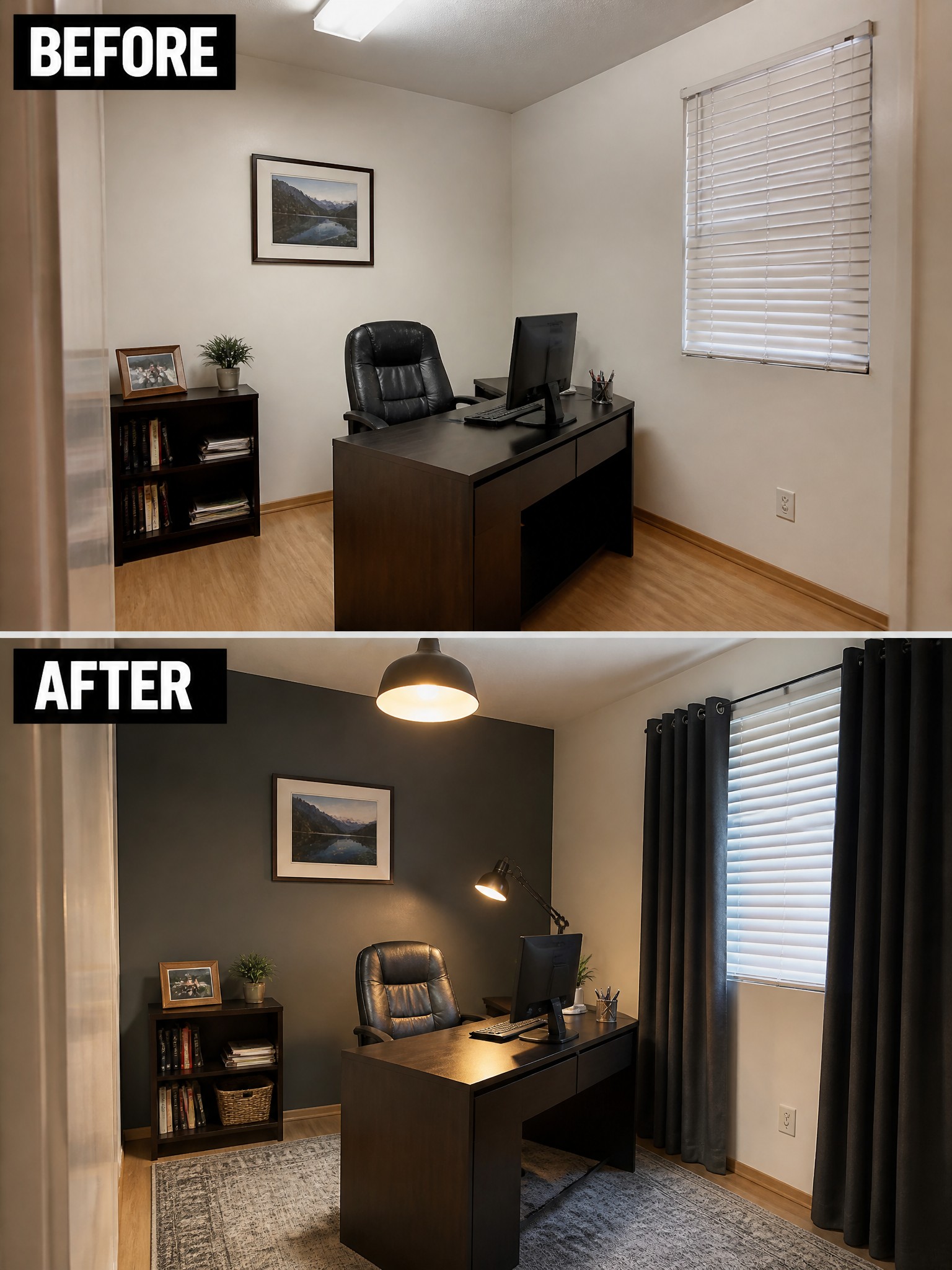 Before and after transformation of an office, showcasing a dark accent wall and new curtains.
