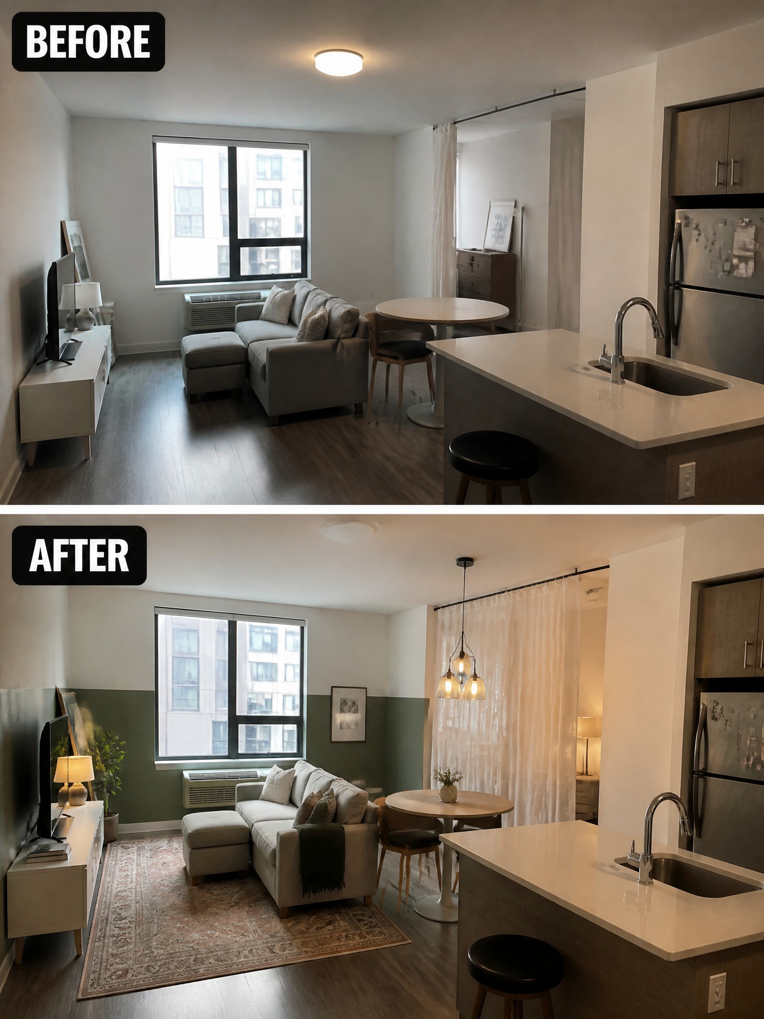 Before and after shots of a living space, showcasing modern décor and improved lighting.