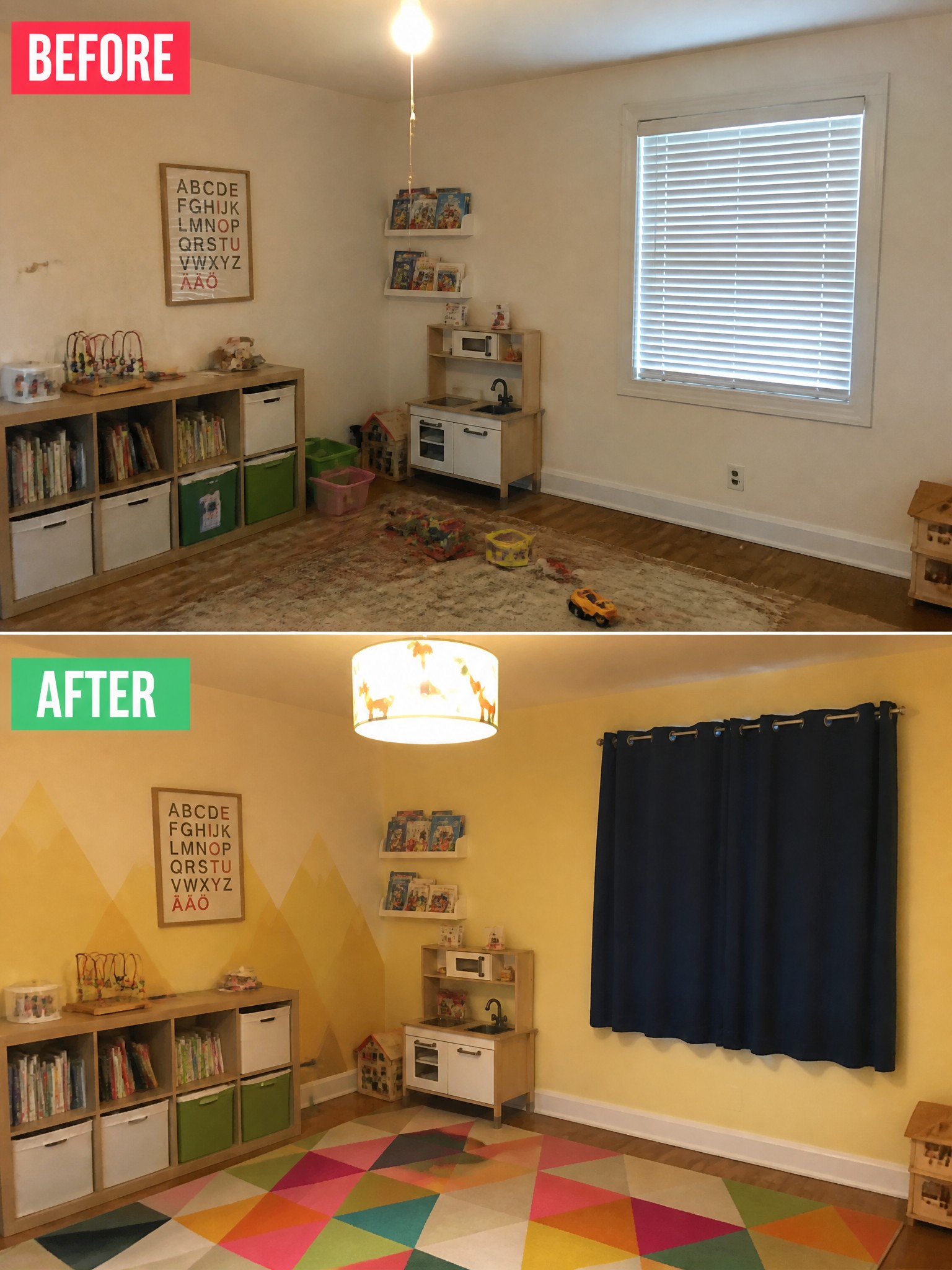 Playroom transformation showing bright colors, new rug, curtains, and organized shelves.