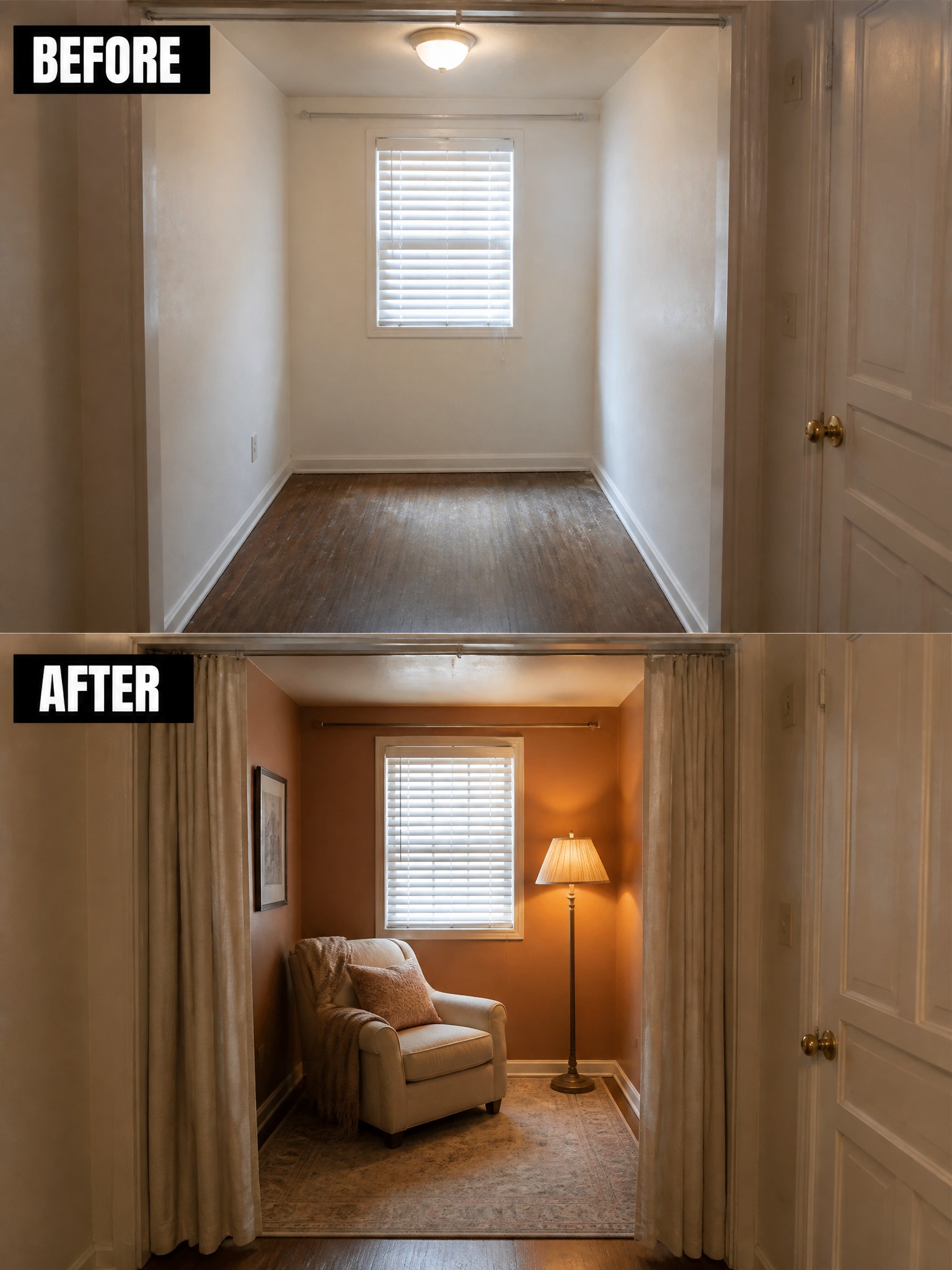 Empty room transformed with warm orange walls, an armchair, lamp, and area rug.