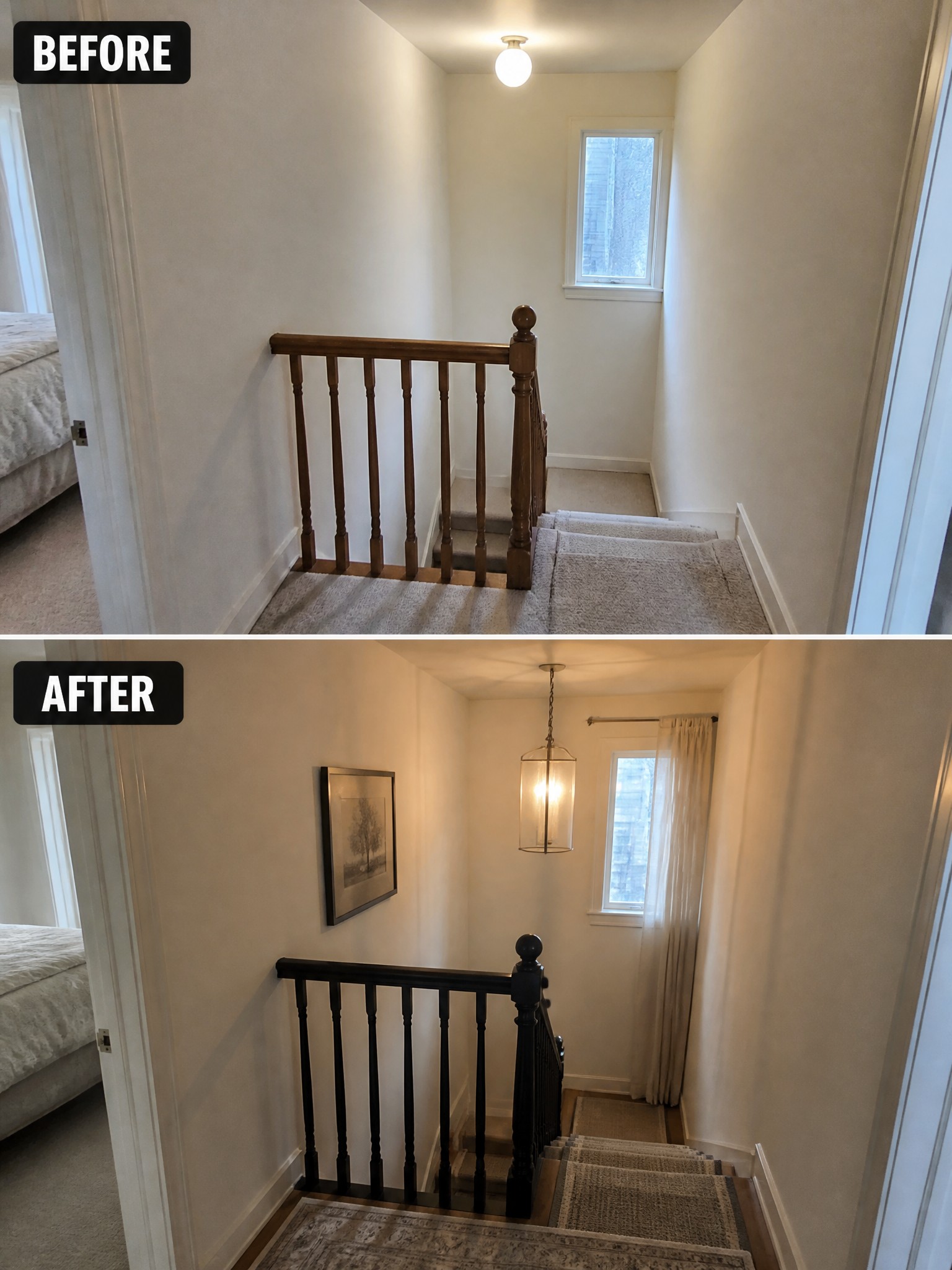 Renovated stairway with black banister, new pendant light, and styled decor.