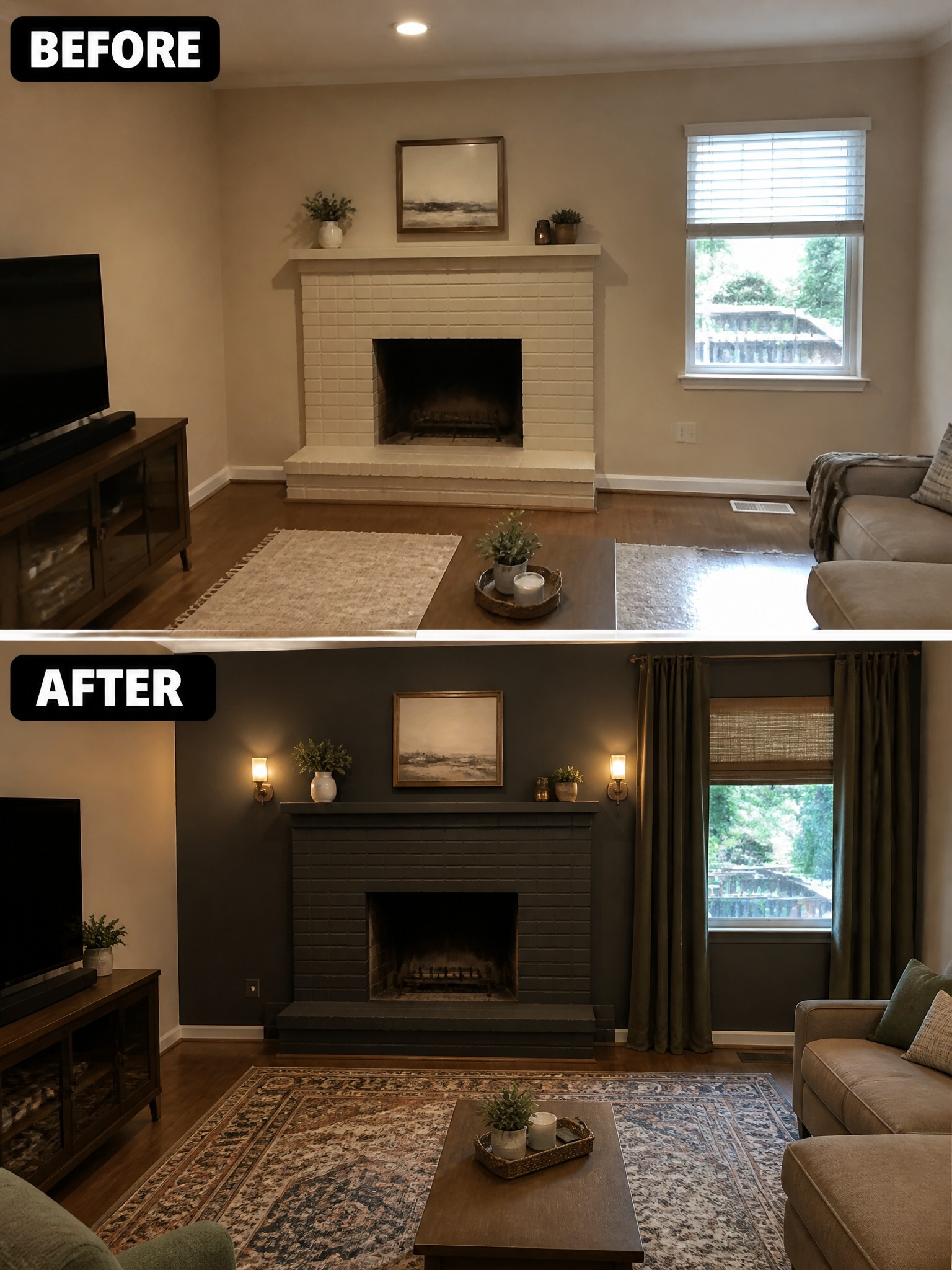 Before and after home makeover showing a light room transformed to a dark, cozy space.