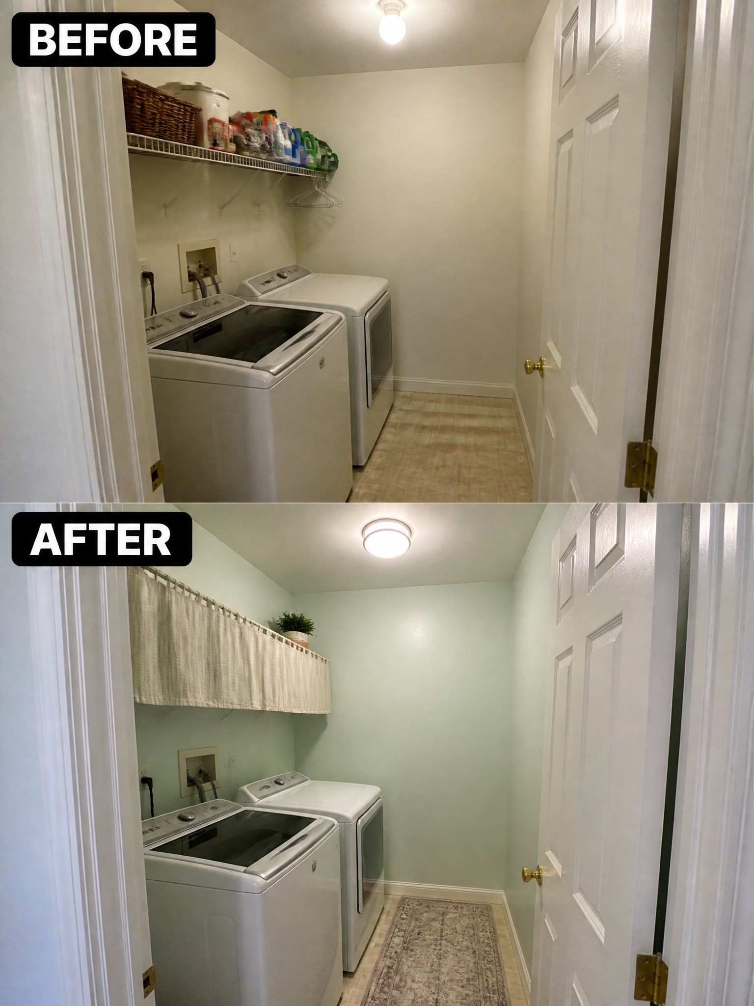 Before-and-after image of a laundry room with white walls and open shelving changed to mint green walls, a fabric curtain over the shelf, a patterned rug, and an updated ceiling light.