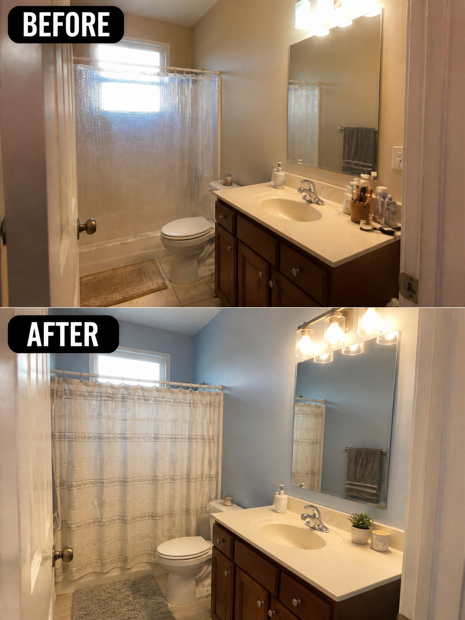 Before-and-after image of a bathroom with beige walls changed to light blue, an updated shower curtain, and a new lighting fixture above the mirror.