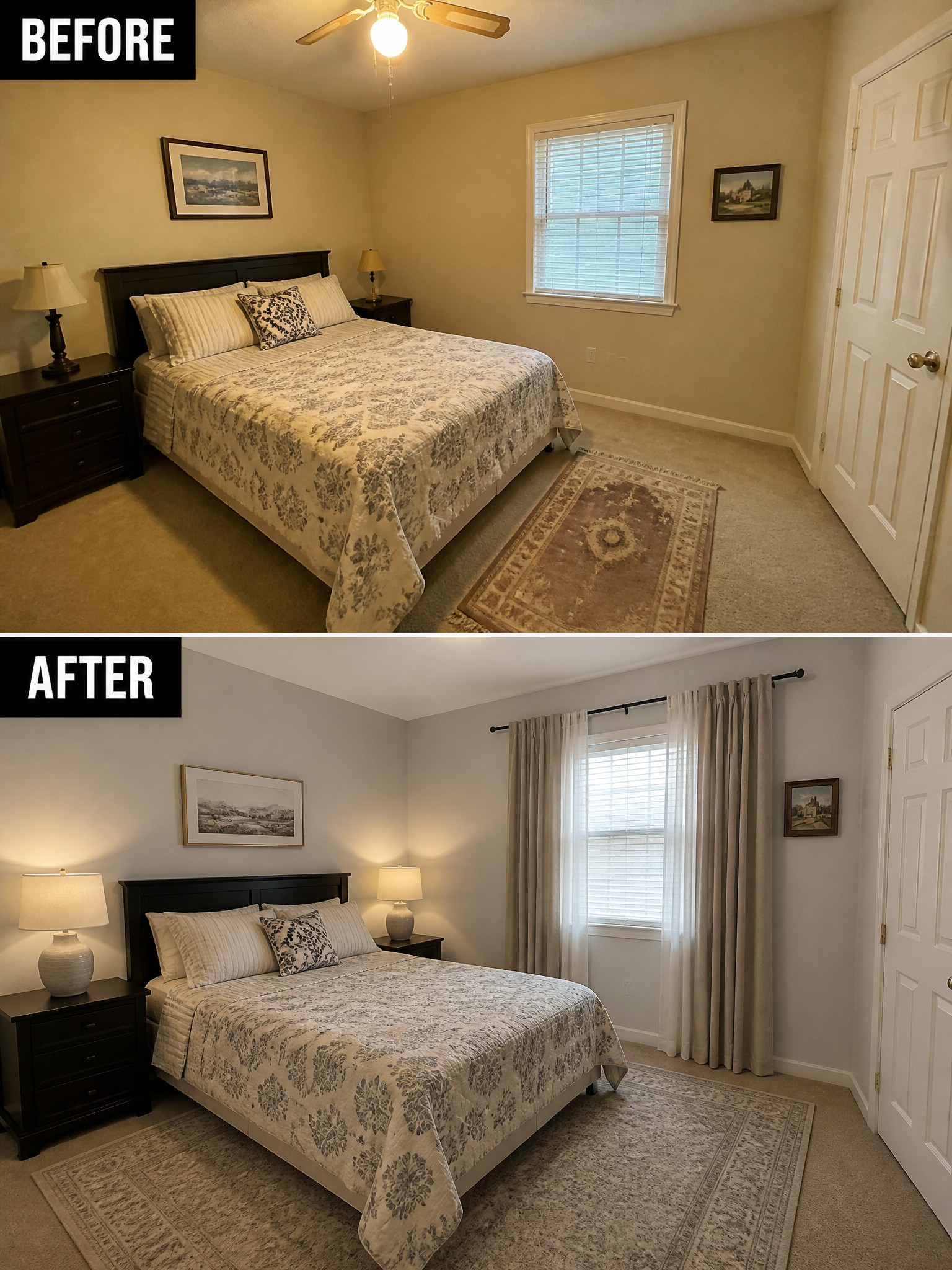 Bedroom before and after makeover, featuring a bed, nightstands, curtains, and improved lighting.