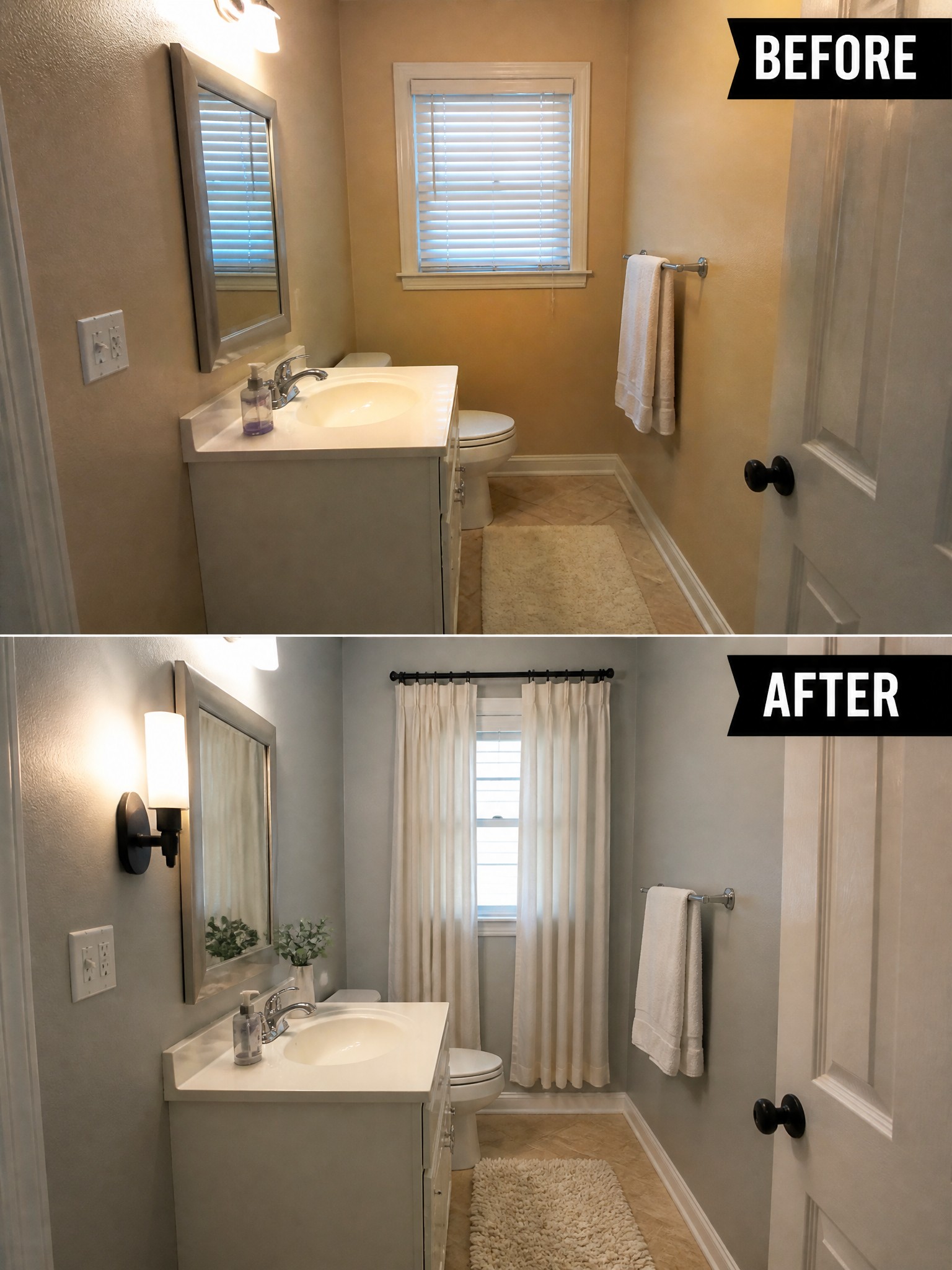 Before and after bathroom renovations, showcasing color changes and new fixtures.