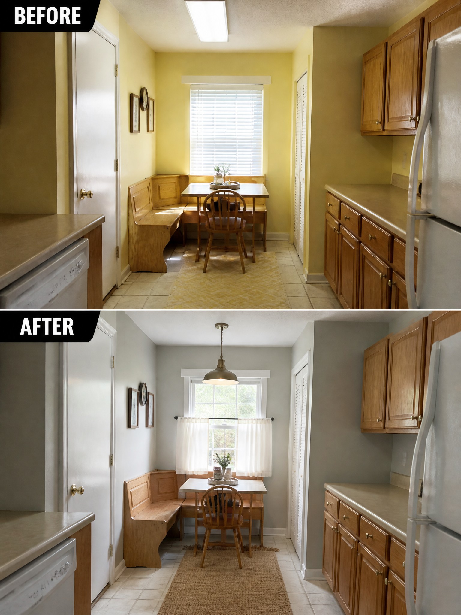 Before and after kitchen renovation showcasing a color change from yellow to gray.