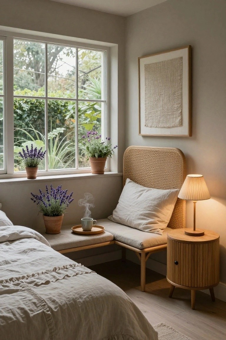 Light neutral bedroom corner with rattan headboard and built-in bench by a large multi-pane window overlooking greenery, potted lavender plants on the sill and floor, bedside lamp, wooden stool with teacup tray, and white linens on the bed.