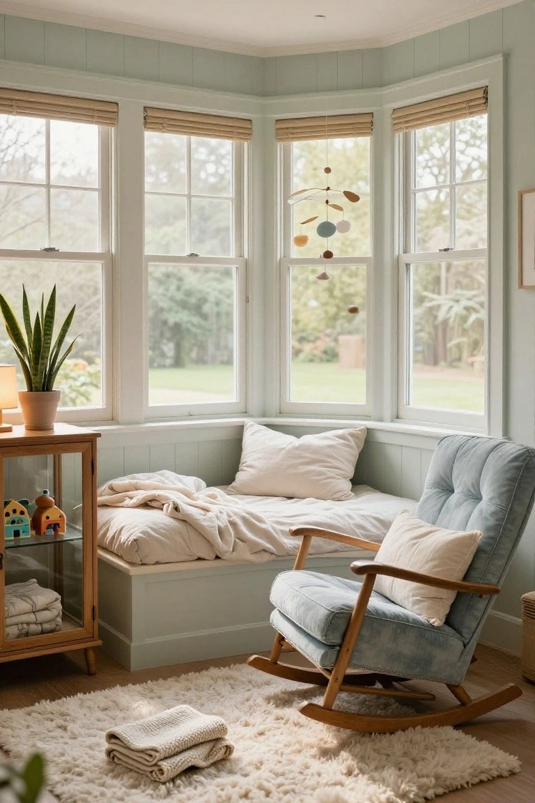Light sage green paneled interior room with built-in cushioned bench under three large windows overlooking greenery, blue fabric rocking chair, potted snake plant on wooden table, glass-front cabinet, and white shag rug.