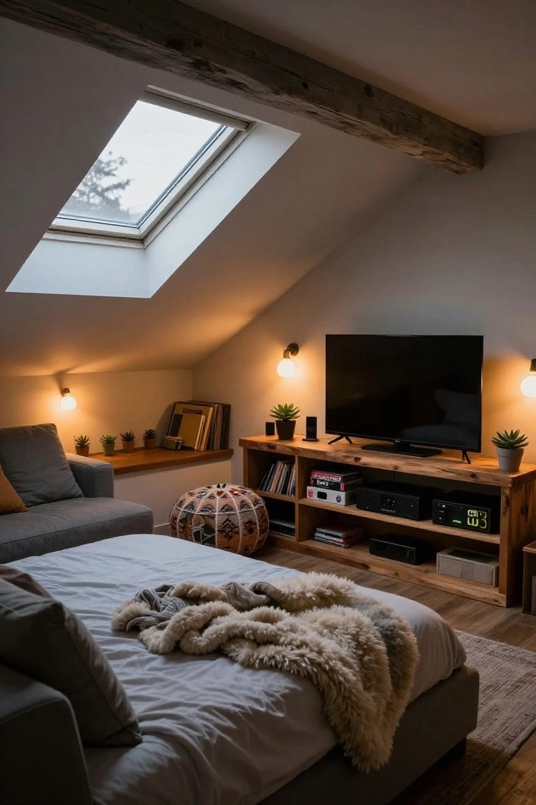 Attic bedroom with sloped white ceiling and exposed wooden beams, skylight window, platform bed with white sheets and fur throw, gray armchair, patterned pouf stool, wooden media console with TV, speakers, books, and potted plants, and wall lamps emitting warm light.