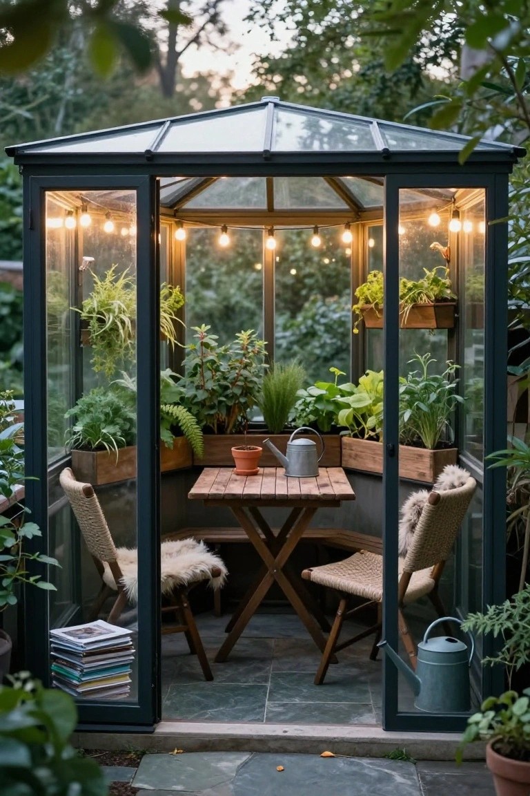 Octagonal greenhouse with dark frames and glass panels filled with potted plants on shelves and hanging, wooden table with watering cans, two rattan chairs with sheepskin throws, string lights overhead, door open to stone patio and garden.