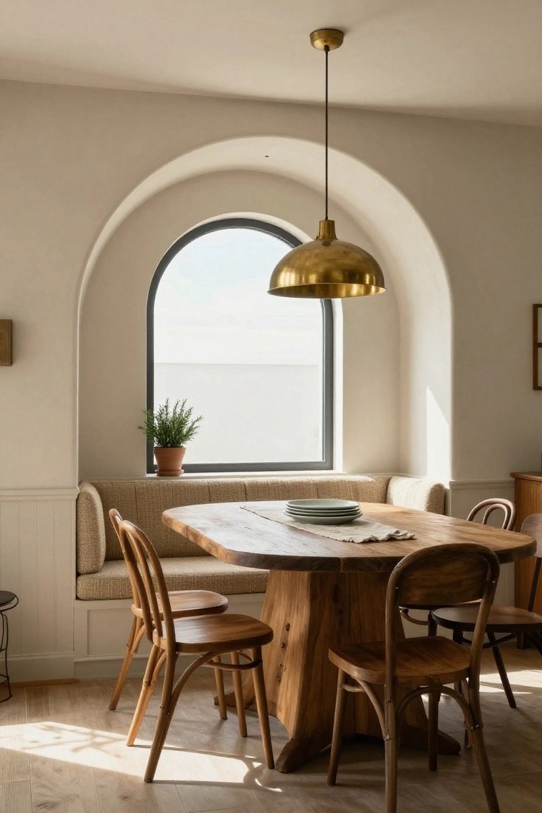 Dining area featuring a beige built-in banquette seat under a large arched black-framed window with sea view, wooden oval table with four wood chairs, stacked plates on table, gold pendant lamp hanging above, potted plant on windowsill, and beige walls with wood floor.