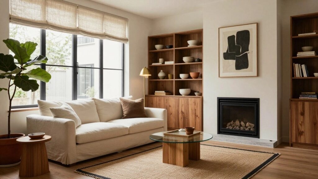 21 Elegant Four Seasons Room Ideas For A Relaxed Everyday Escape Modern living room with white sofa, glass coffee table, wood stool, large potted fiddle leaf fig plant beside floor-to-ceiling windows with sheer shades, oak bookshelves filled with books and ceramics, gas fireplace, and abstract wall art on white walls with light gray floor.