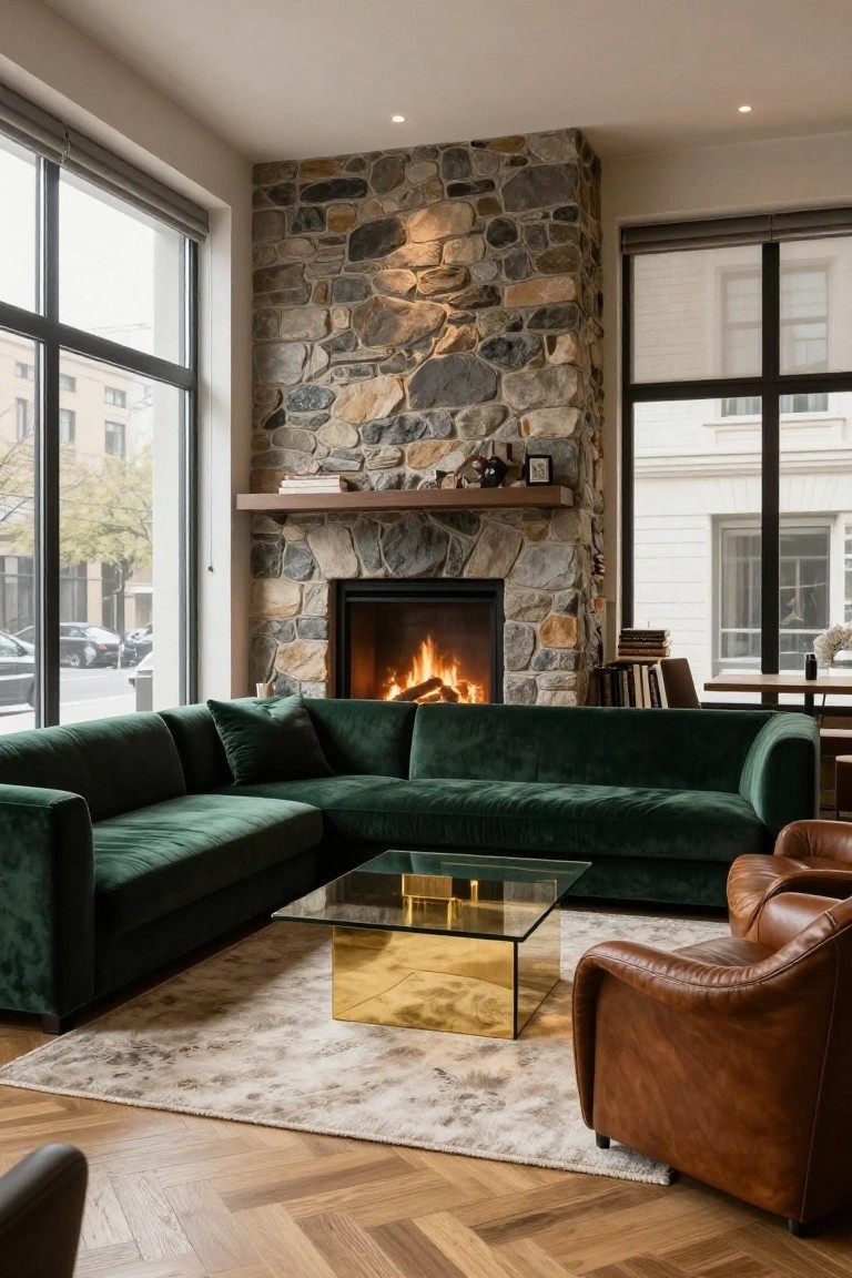Modern interior with tall stone fireplace burning brightly, L-shaped emerald green velvet sofa, brass-edged glass coffee table, tan leather armchairs, wooden floors, and large windows showing urban street view.