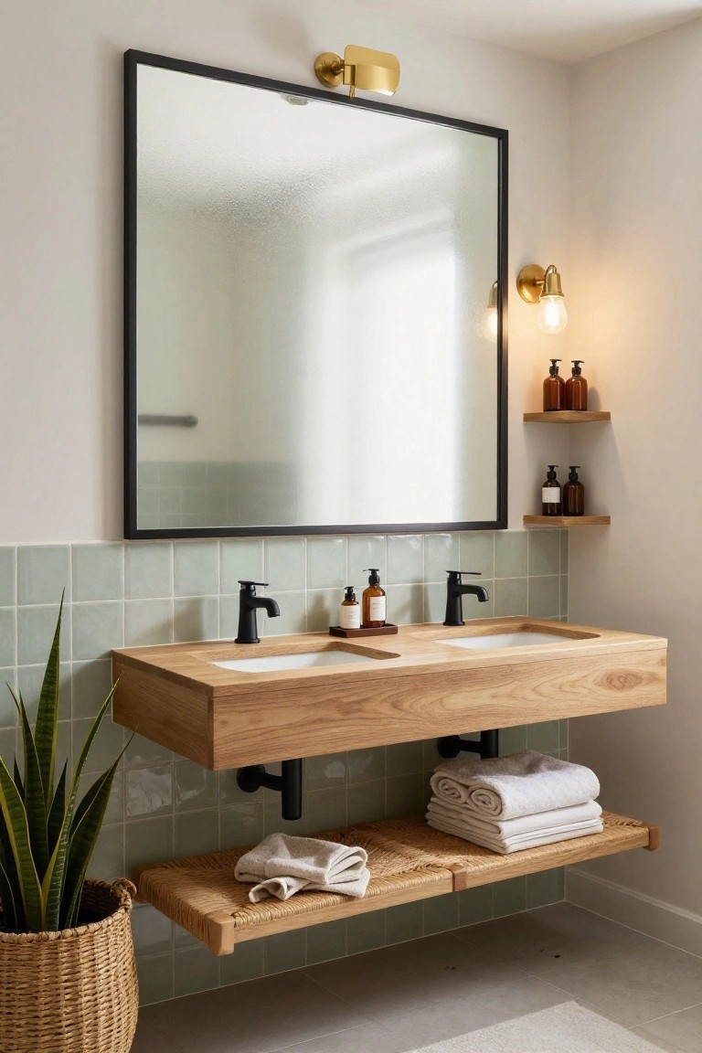 Bathroom with floating light oak double vanity and sinks, mint green subway tile backsplash, large black-framed mirror, brass wall lights, wooden shelves holding bottles and towels, potted snake plant, and basket on tiled floor.